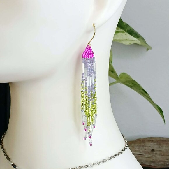 Boho Chic Seed Bead Fringe Tassel Dangle Earrings, Statement Artisan 3.5" - Picture 1 of 12
